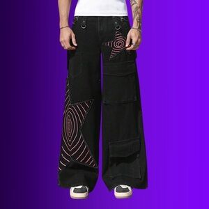 ROMWE Star Embroidered Denim Cargo Pants Baggy Wide Leg ** Y2K ** RAVE ** 36